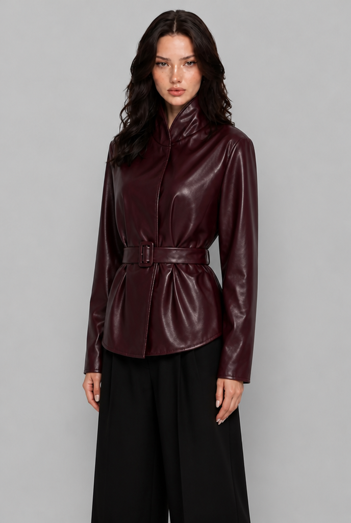 Puff Sleeve Belted Faux Leather Jacket