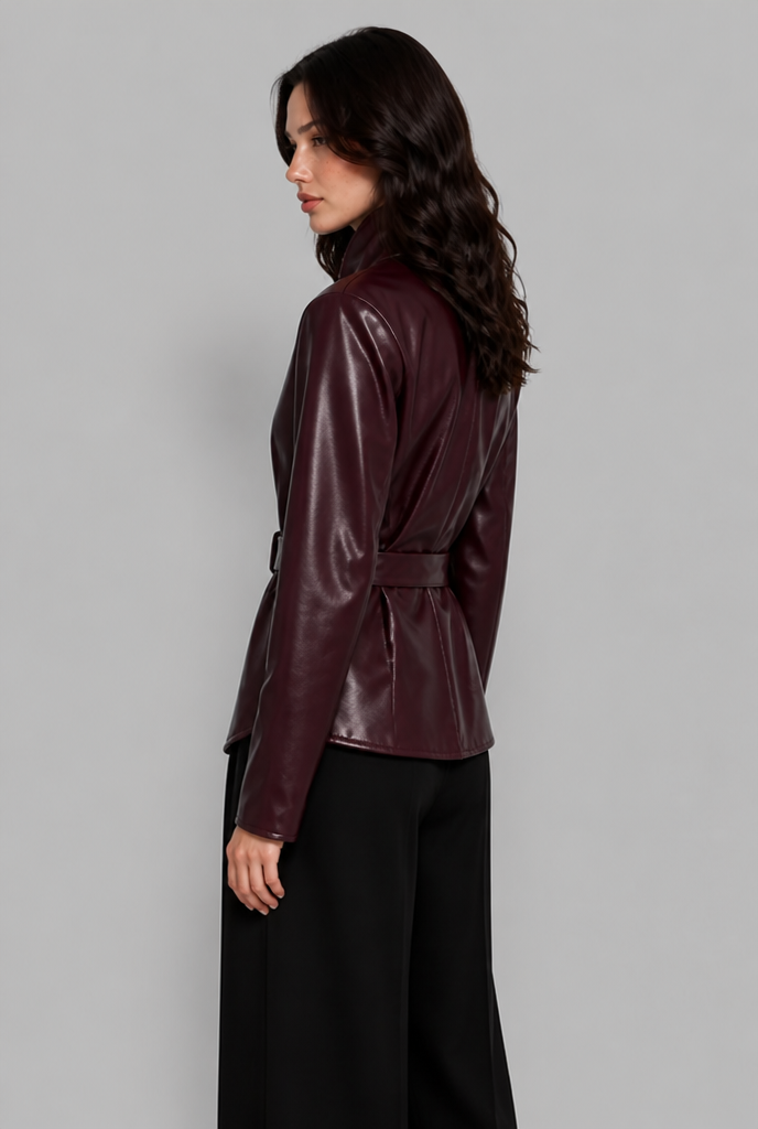 Puff Sleeve Belted Faux Leather Jacket
