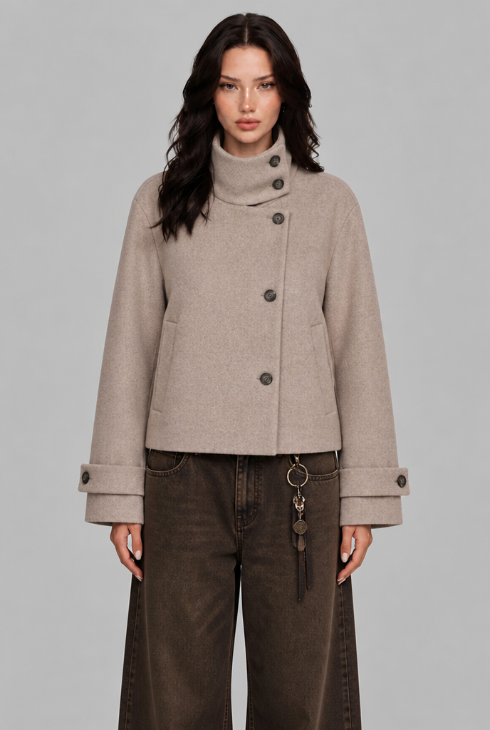 Cropped Wool-Look Jacket with Stand Collar