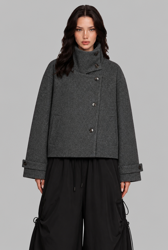 Cropped Wool-Look Jacket with Stand Collar