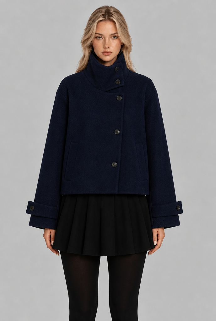 Cropped Wool-Look Jacket with Stand Collar