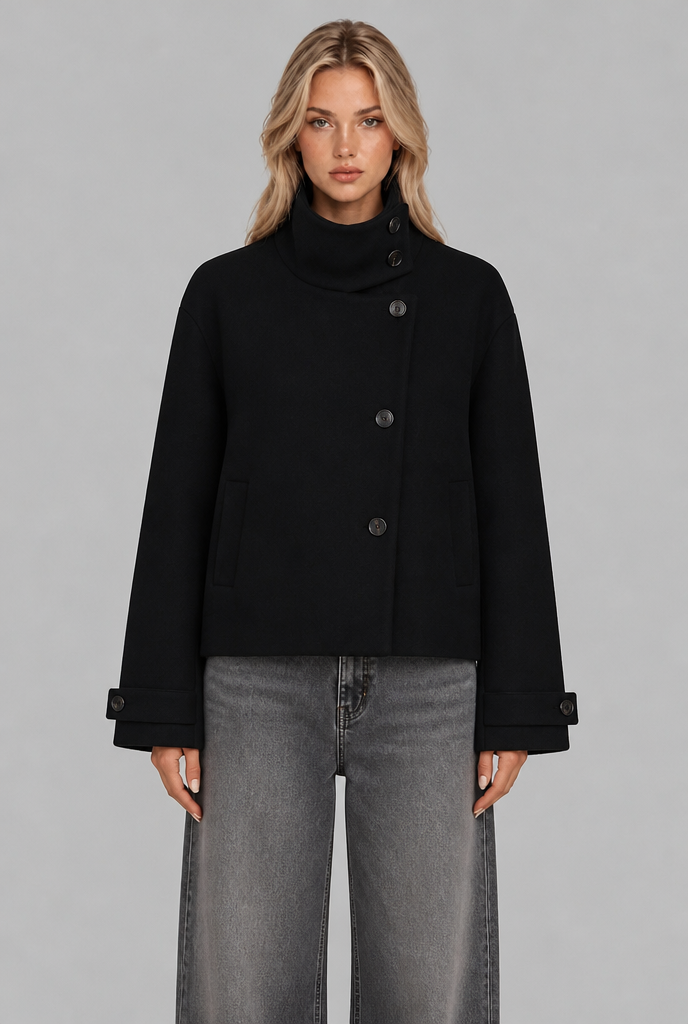 Cropped Wool-Look Jacket with Stand Collar