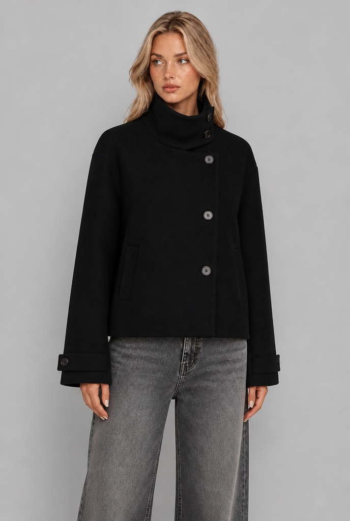 Cropped Wool-Look Jacket with Stand Collar