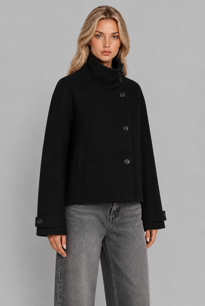 Cropped Wool-Look Jacket with Stand Collar