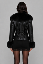 Cropped Faux Leather Jacket with Faux Fur Collar and Cuffs