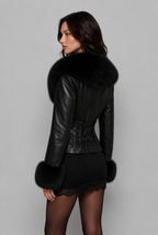 Cropped Faux Leather Jacket with Faux Fur Collar and Cuffs