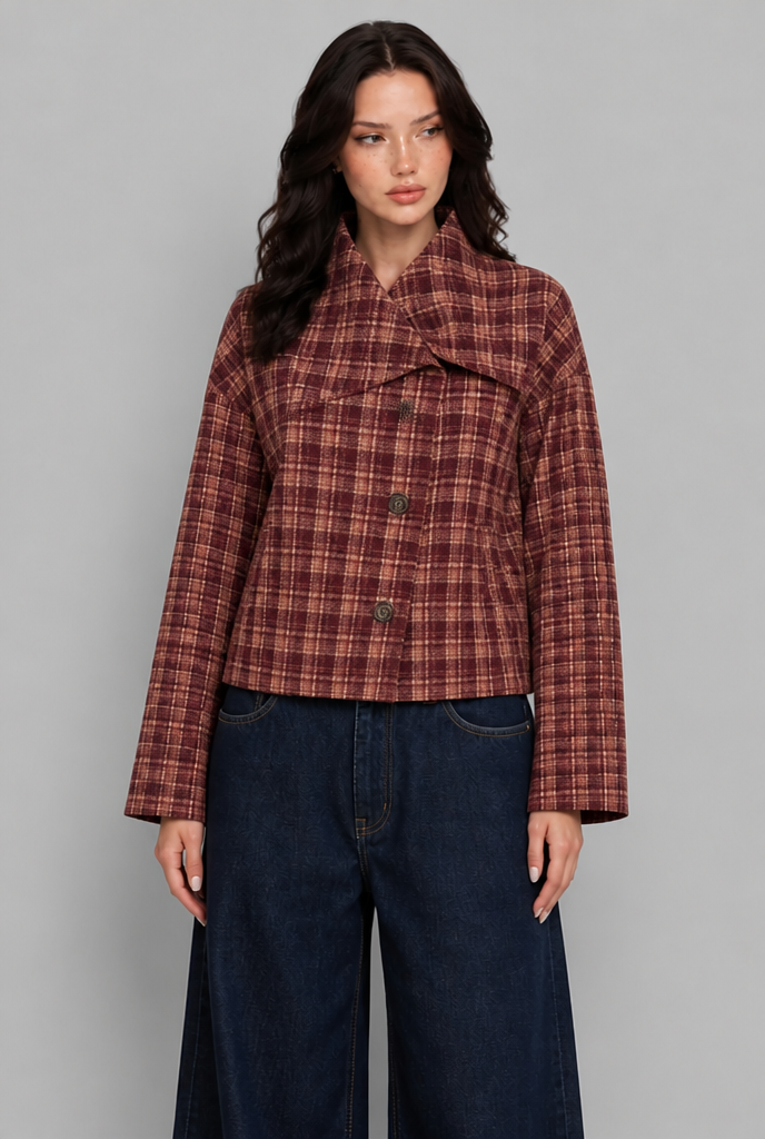 Cropped Check Jacket with Stand Collar
