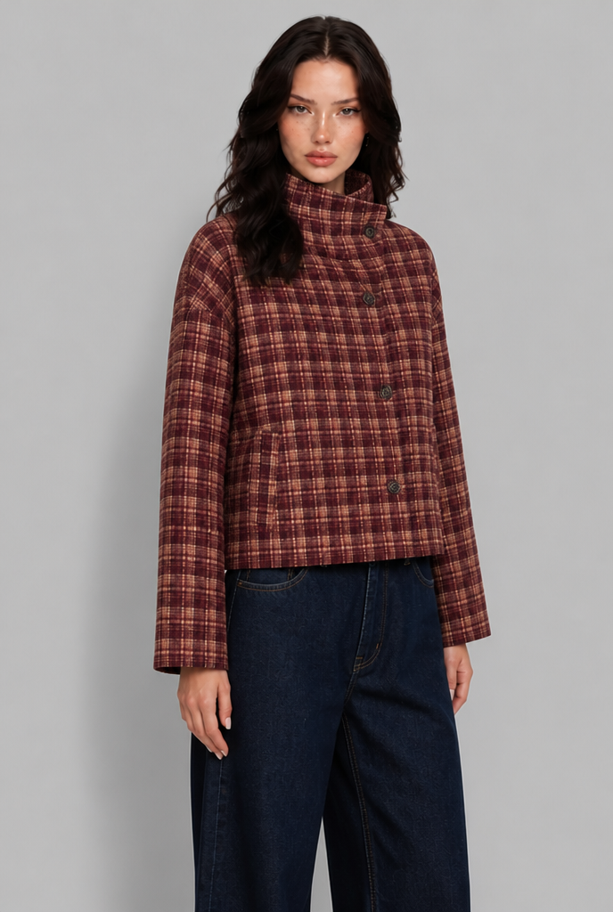Cropped Check Jacket with Stand Collar