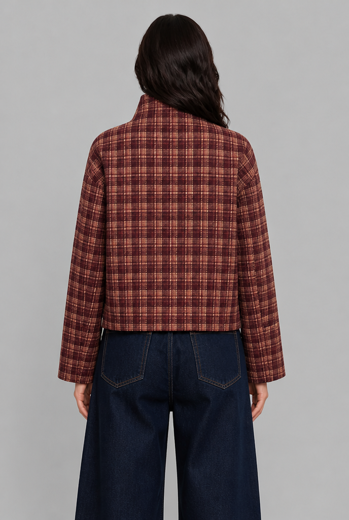 Cropped Check Jacket with Stand Collar