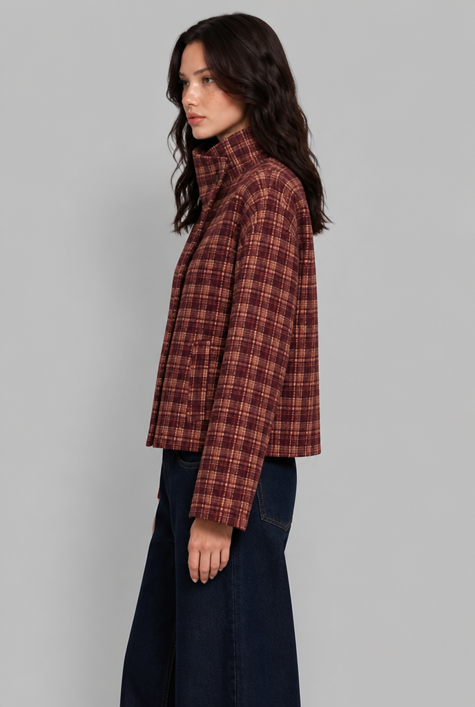 Cropped Check Jacket with Stand Collar