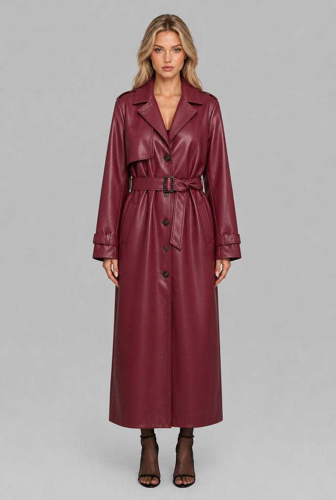 Belted Faux Leather Trench Coat