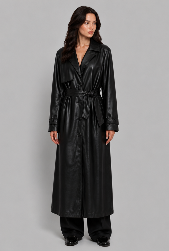 Belted Faux Leather Trench Coat