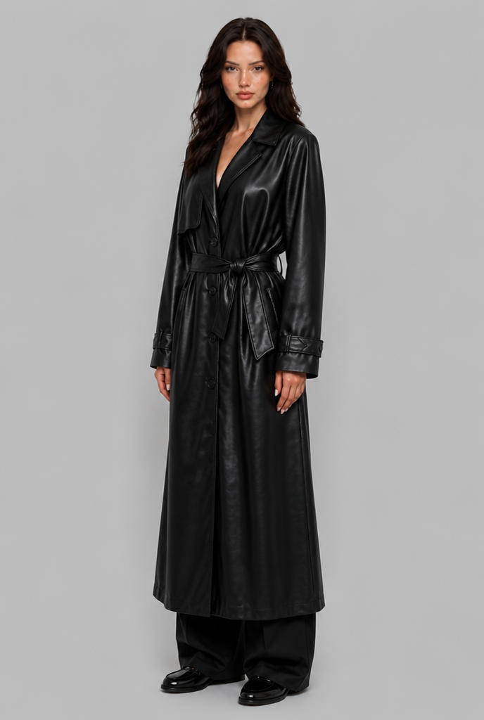 Belted Faux Leather Trench Coat
