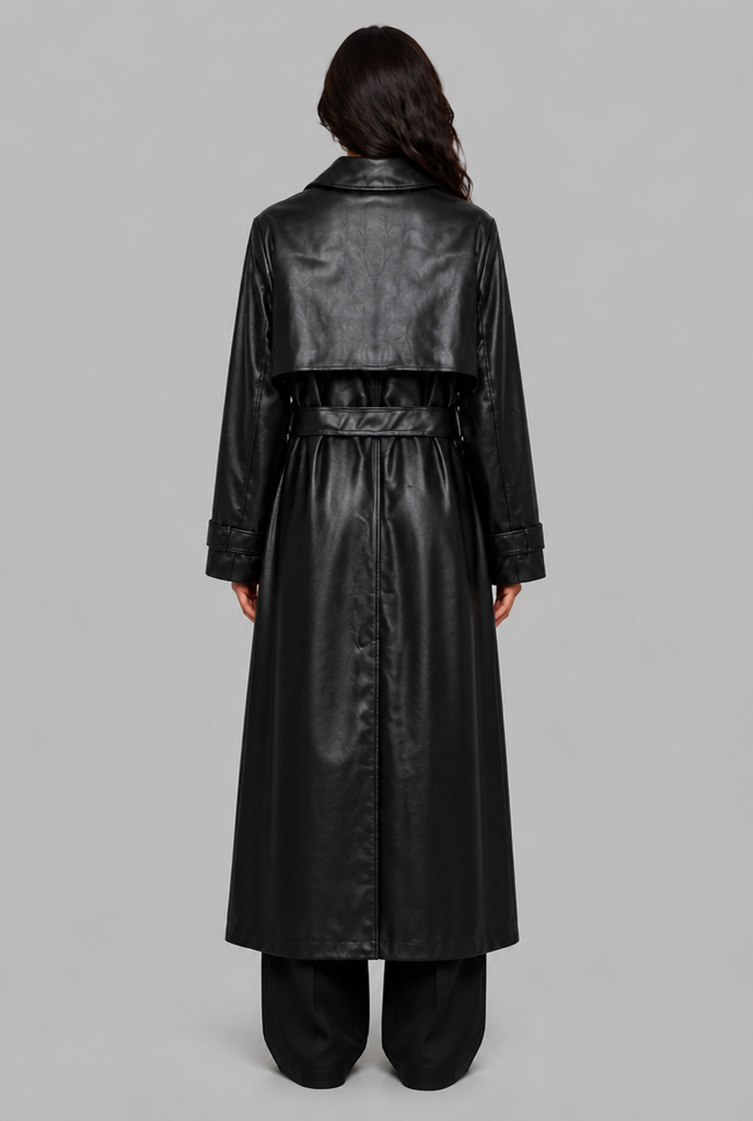 Belted Faux Leather Trench Coat