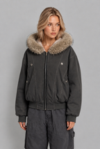 Faux Fur Hood Fleece-Lined Bomber Jacket