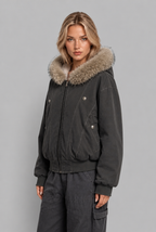 Faux Fur Hood Fleece-Lined Bomber Jacket
