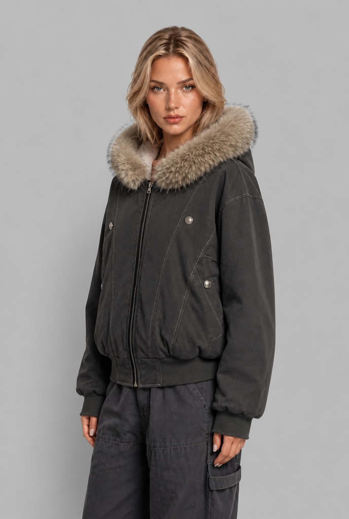 Faux Fur Hood Fleece-Lined Bomber Jacket