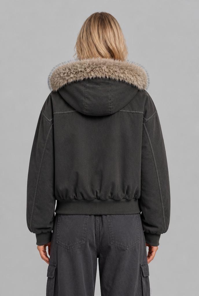 Faux Fur Hood Fleece-Lined Bomber Jacket