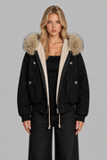 Faux Fur Hood Fleece-Lined Bomber Jacket