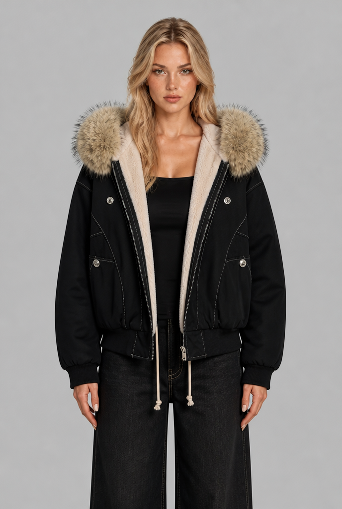 Faux Fur Hood Fleece-Lined Bomber Jacket
