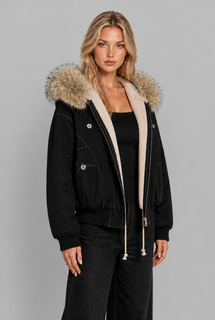 Faux Fur Hood Fleece-Lined Bomber Jacket