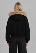Faux Fur Hood Fleece-Lined Bomber Jacket