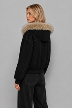 Faux Fur Hood Fleece-Lined Bomber Jacket