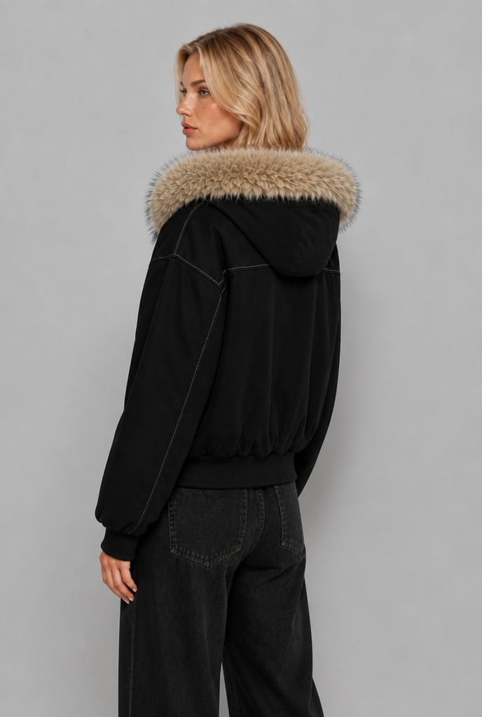 Faux Fur Hood Fleece-Lined Bomber Jacket