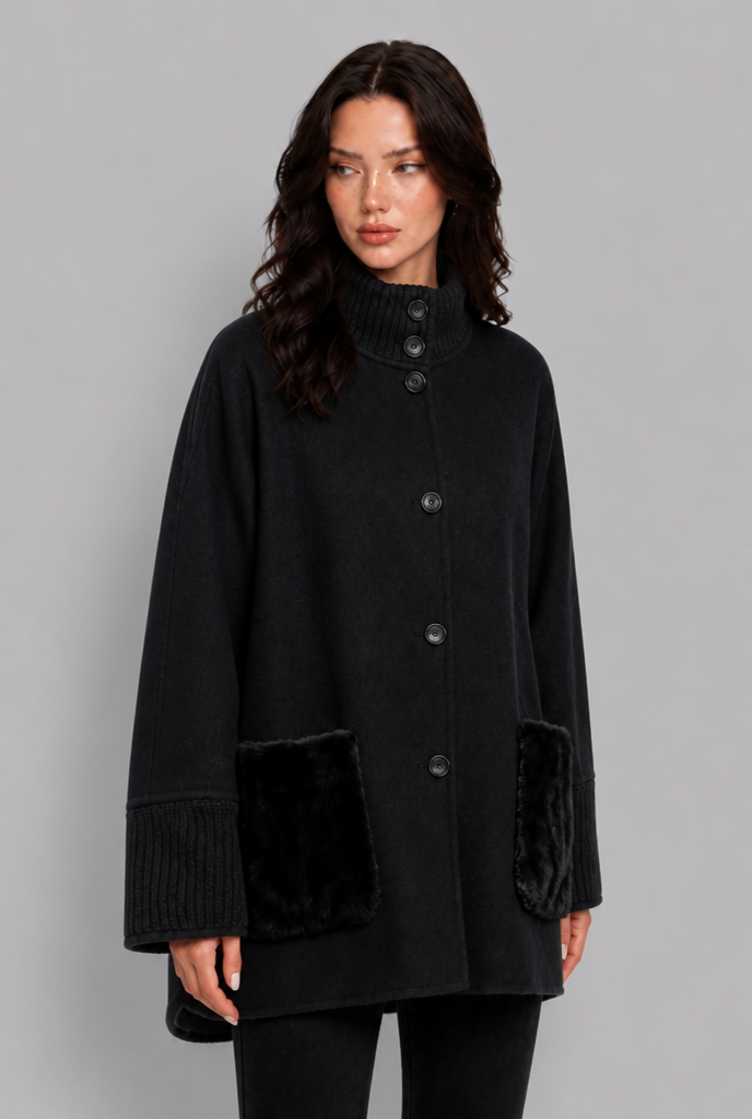Oversized Wool-Look Jacket with Faux Fur Pockets